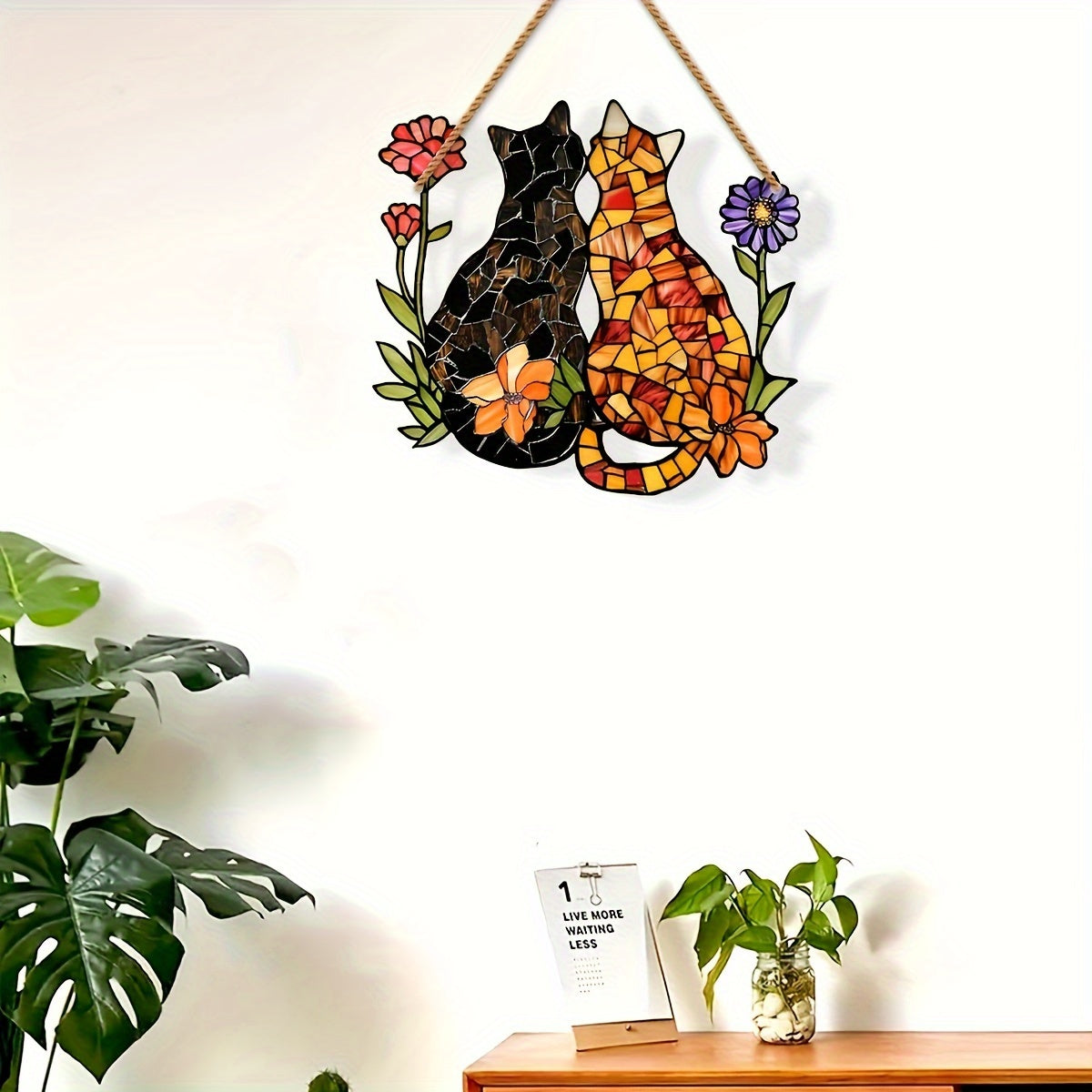 2D Acrylic Cat and Flowers Stained Window Hanging Suncatcher