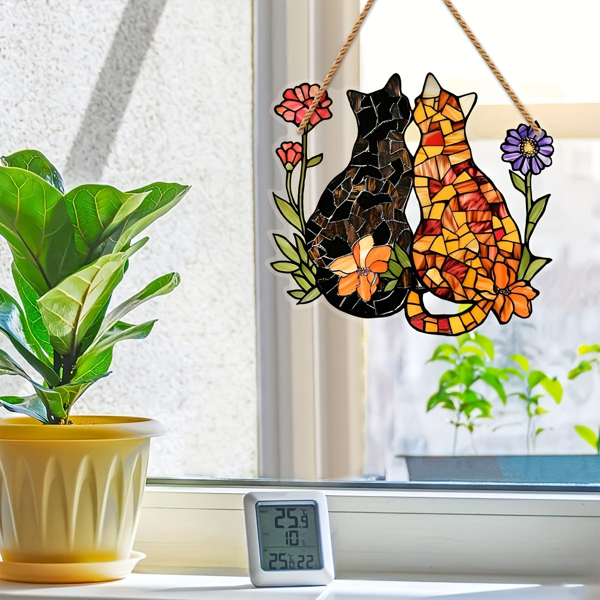 2D Acrylic Cat and Flowers Stained Window Hanging Suncatcher