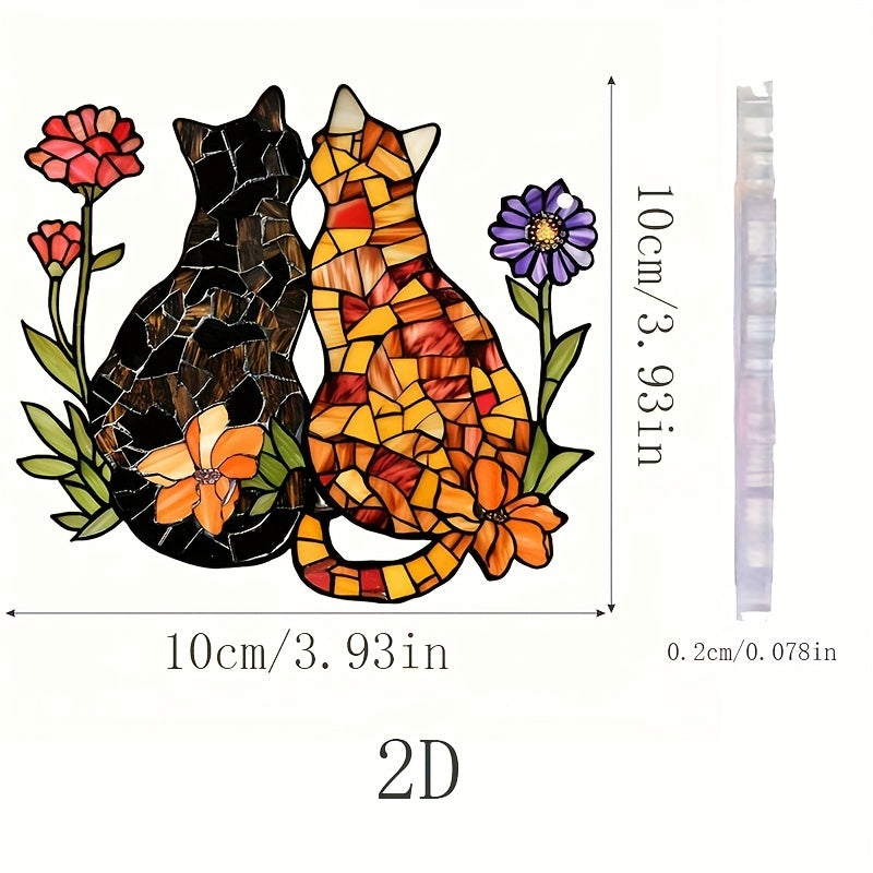 2D Acrylic Cat and Flowers Stained Window Hanging Suncatcher